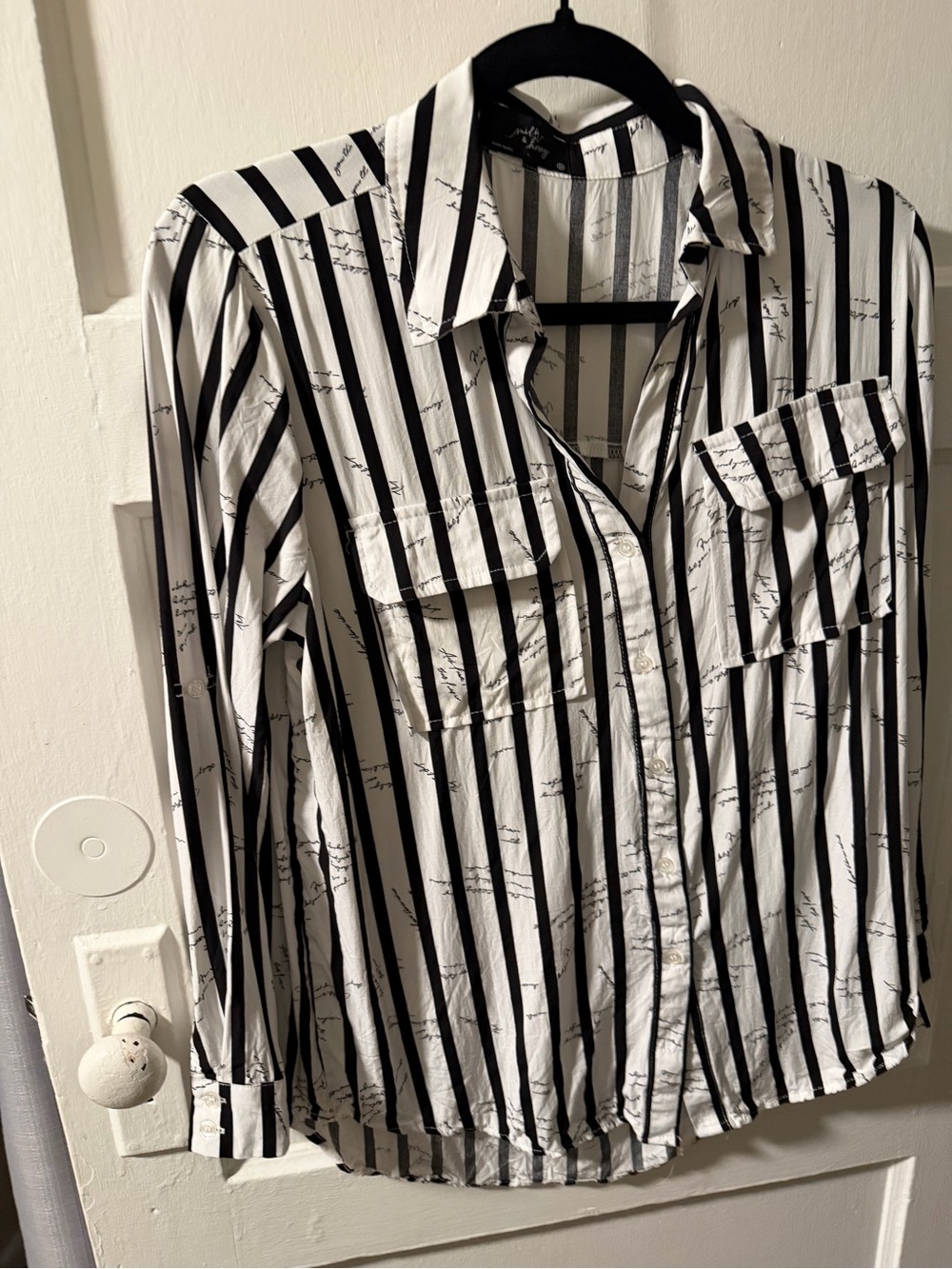 Milk & Honey Black & White Vertical Stripe Script Button-Down Shirt